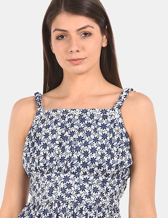 Buy Aeropostale Women White And Blue Floral Print Backless Dress - NNNOW.com