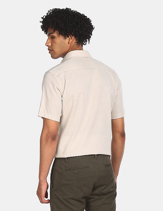 USPA Tailored Men Beige Short Sleeve Solid Formal Shirt