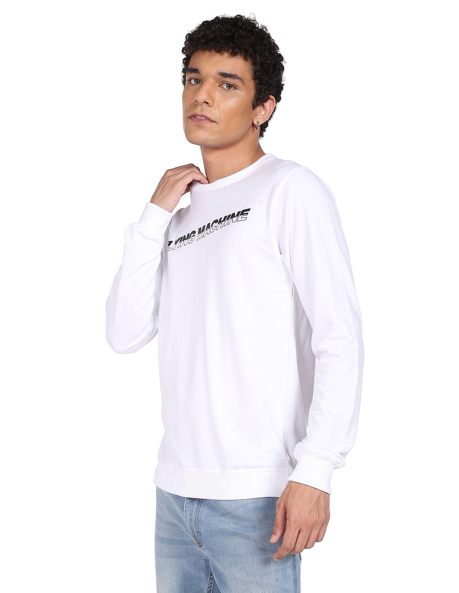 Flying Machine Ribbed Neck Brand Print Sweatshirt