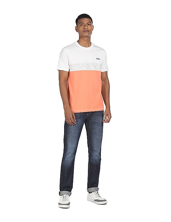 Aeropostale Men White And Peach Cotton Colour Block T-Shirt