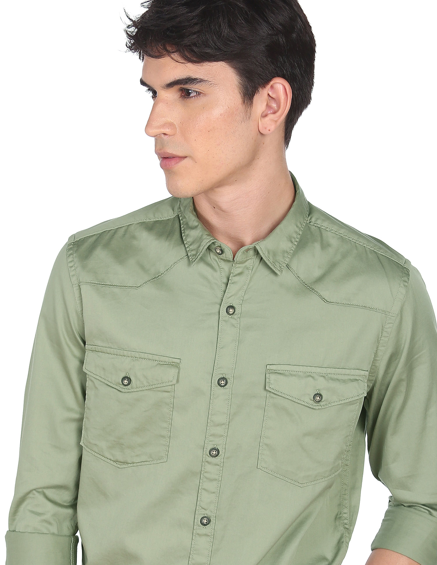 Flying Machine Solid Spread Collar Cotton Shirt