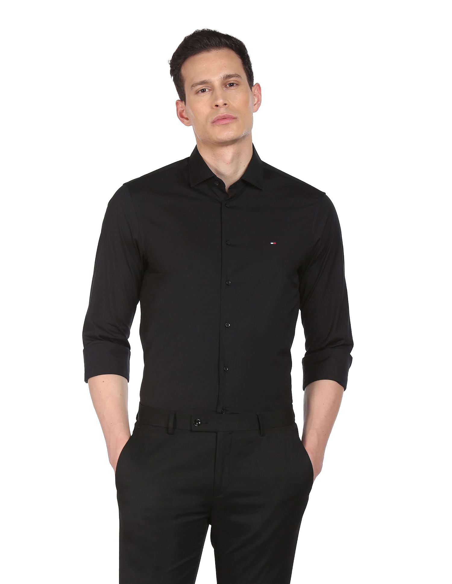 Tommy Hilfiger Men Black Mitered Cuff Solid Slim Fit Formal Shirt