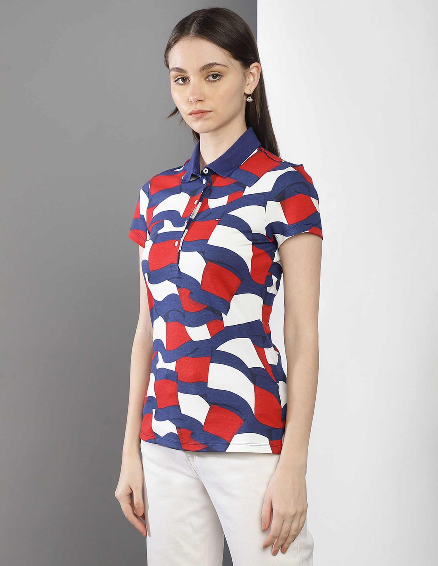 Tommy Hilfiger Women Blue Abstract Print Slim Fit Polo Shirt