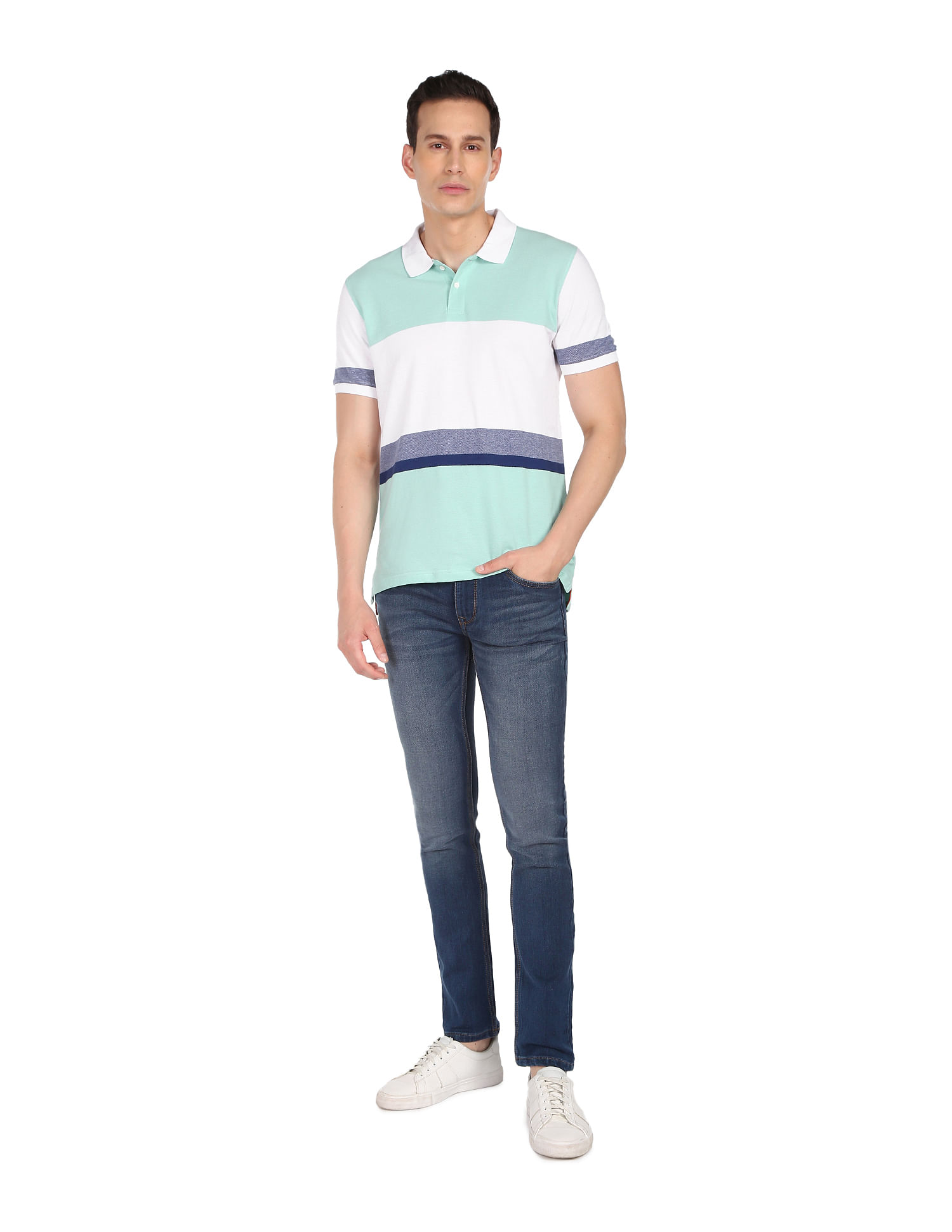 AD by Arvind Cotton Horizontal Stripe Polo Shirt