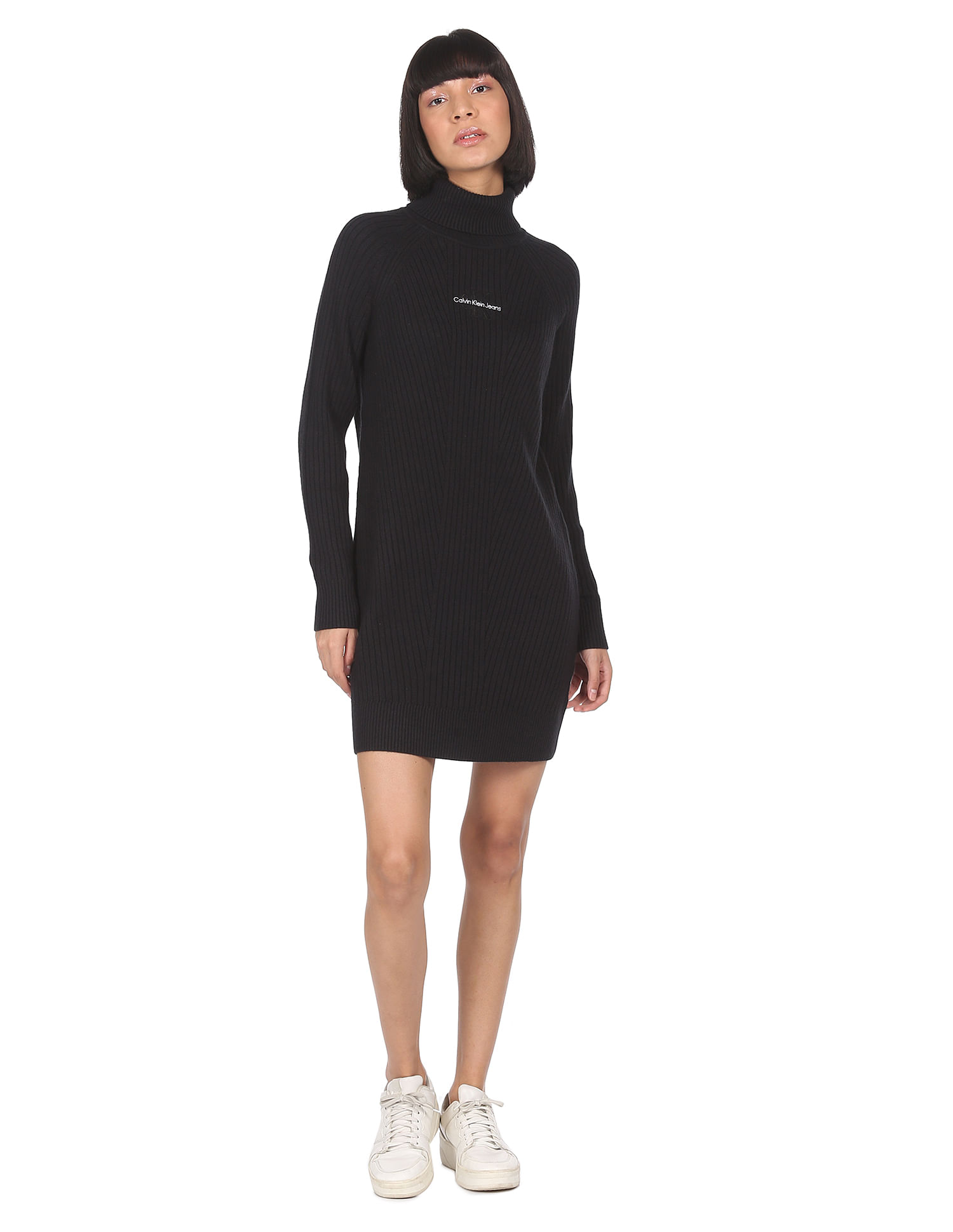 Buy Calvin Klein Jeans Women Black Monogram Roll Neck Sweater Dress -  