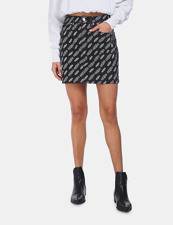 Calvin Klein Women Black Brand Print Denim Mini Skirt
