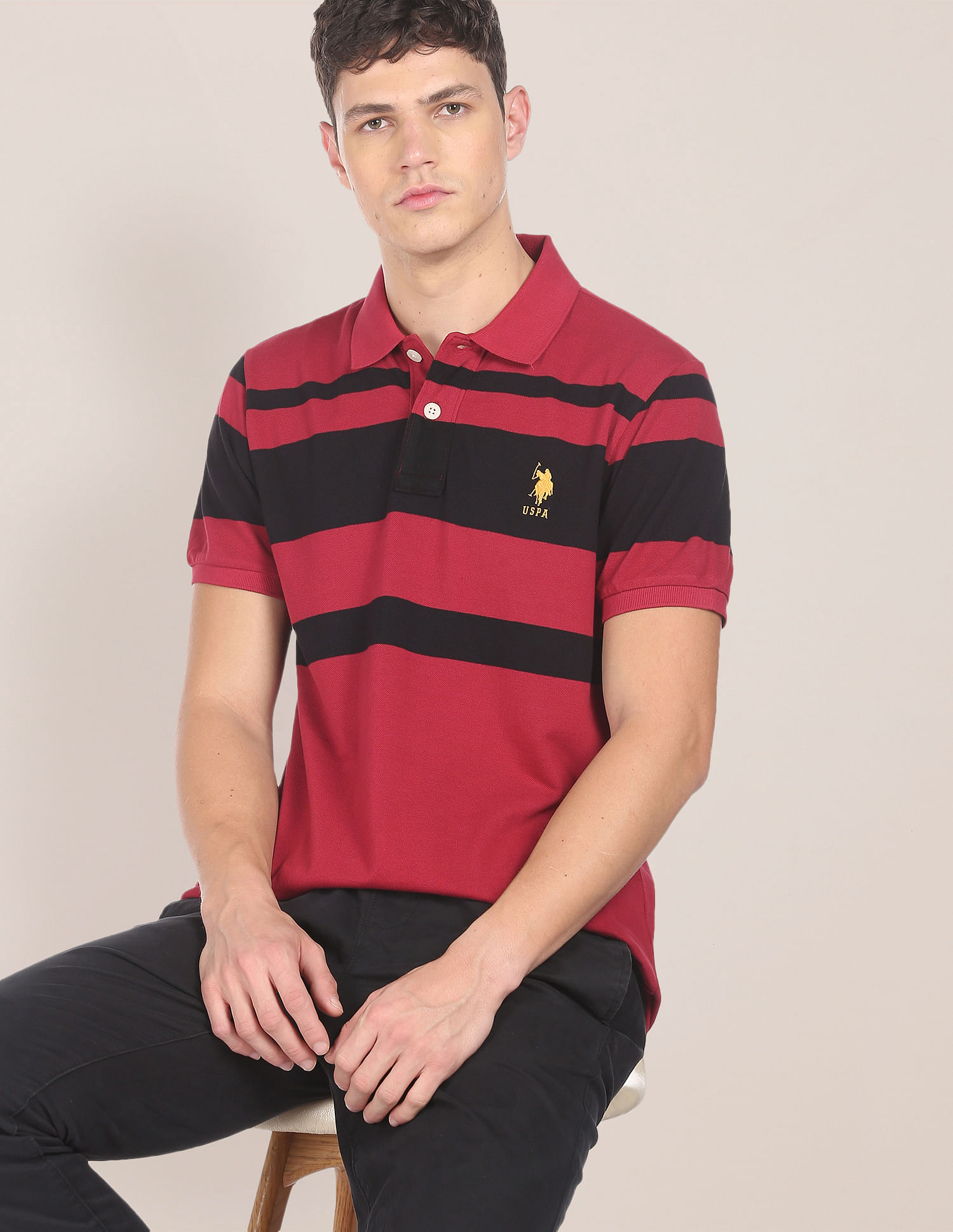 U.S. Polo Assn. Red Green Striped Polo Pure Cotton T-shirt