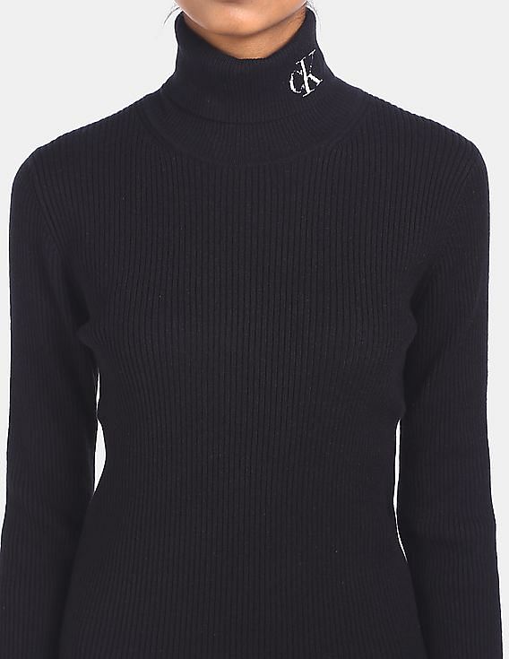 Calvin Klein Women Black Striped High Neck Sweater