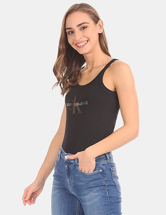 Calvin Klein Underwear Women Black Monogram Logo Print Cotton Bodysuit