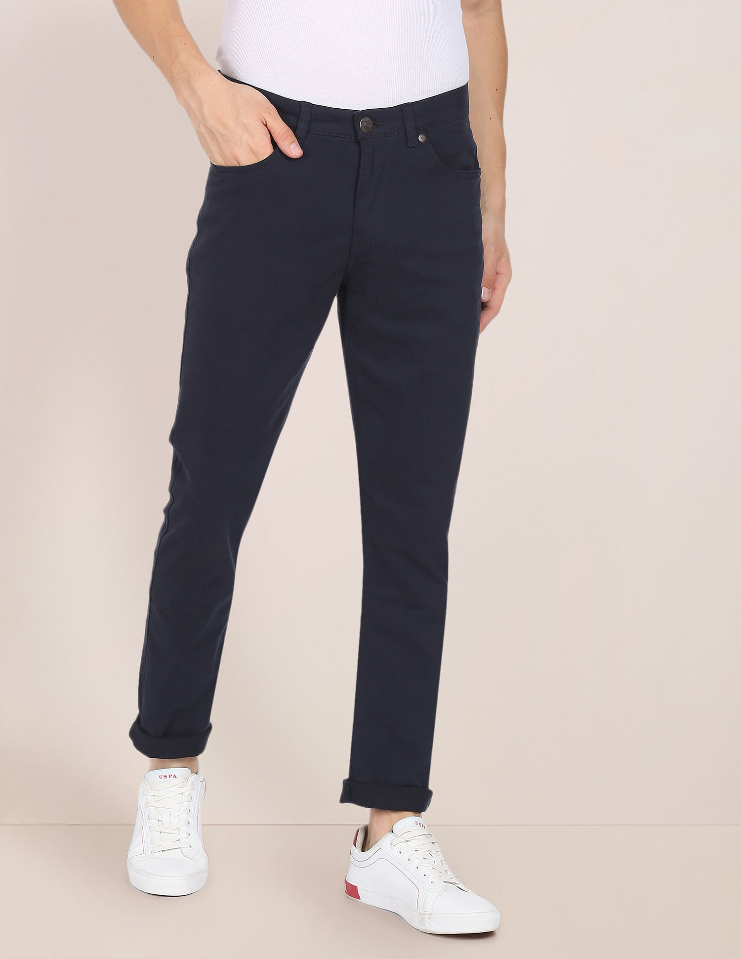 Buy U.S. Polo Assn. Solid Cotton Lycra Trousers - NNNOW.com