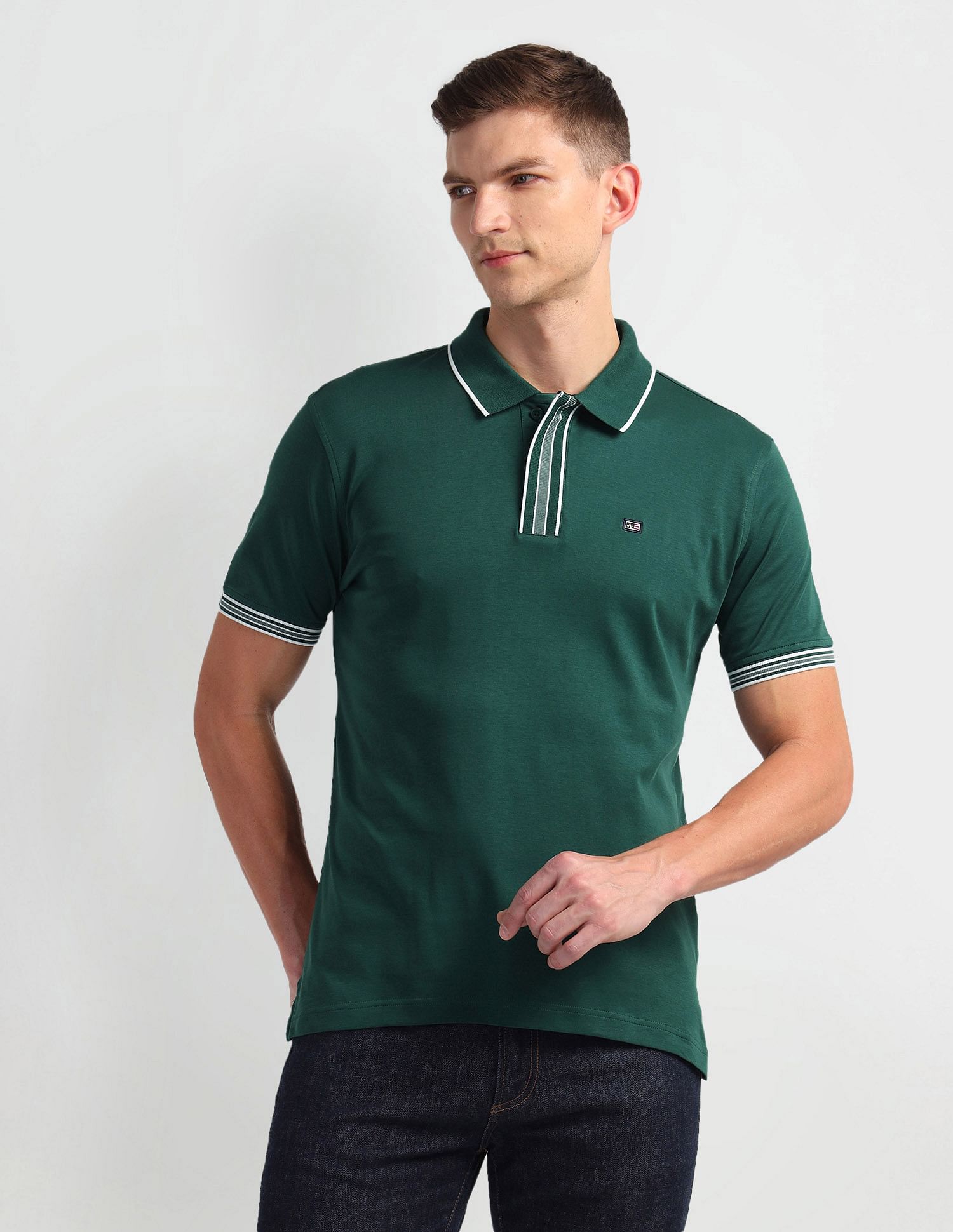 Arrow Sports Stripe Collar Solid Polo Shirt