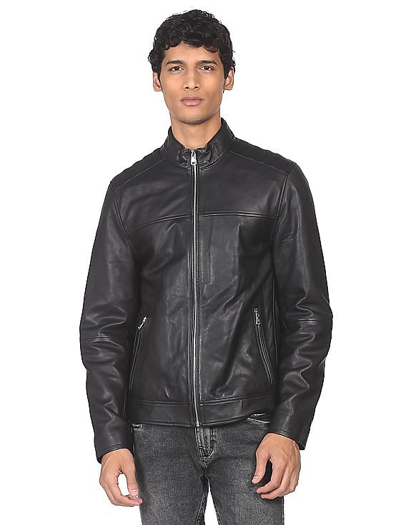 Calvin Klein Men Black Stand Neck Leather Biker Jacket