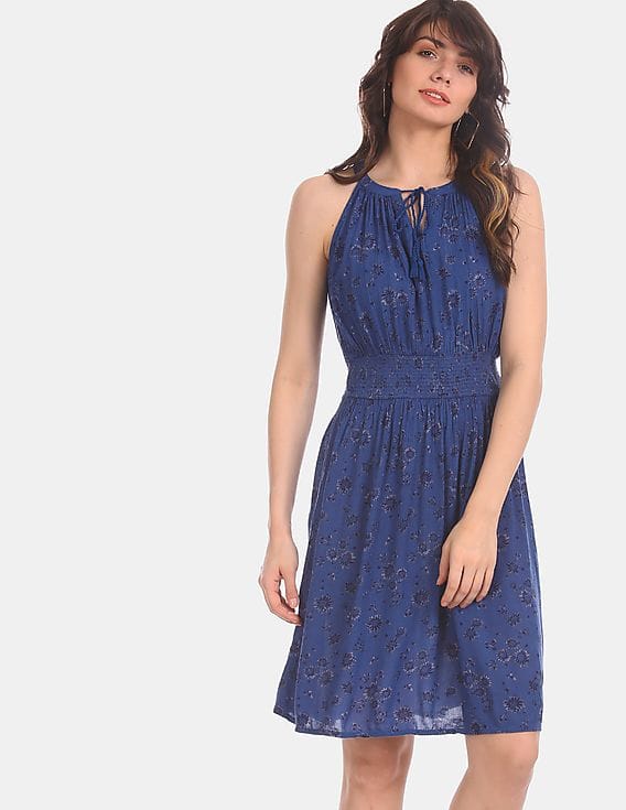 Buy GAP Blue Halter Neck Crinkled Floral Print Dress - NNNOW.com