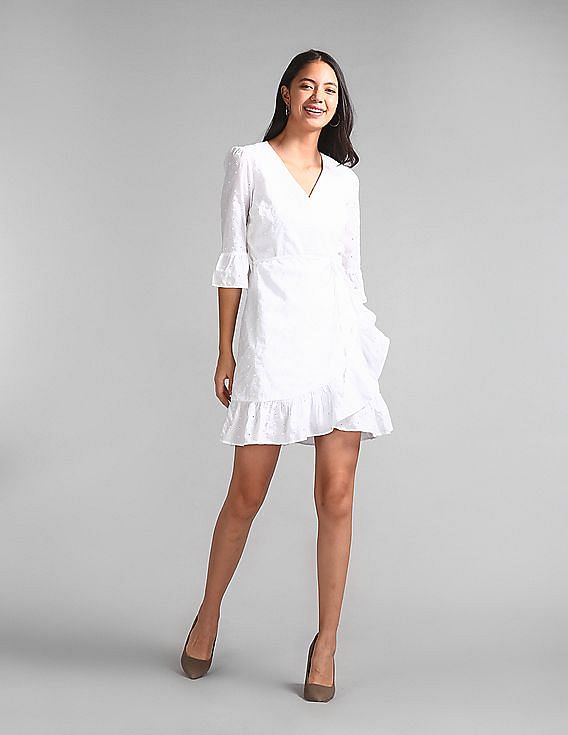 Buy GAP Women White Eyelet Embroidered Ruffle Wrap Dress NNNOW