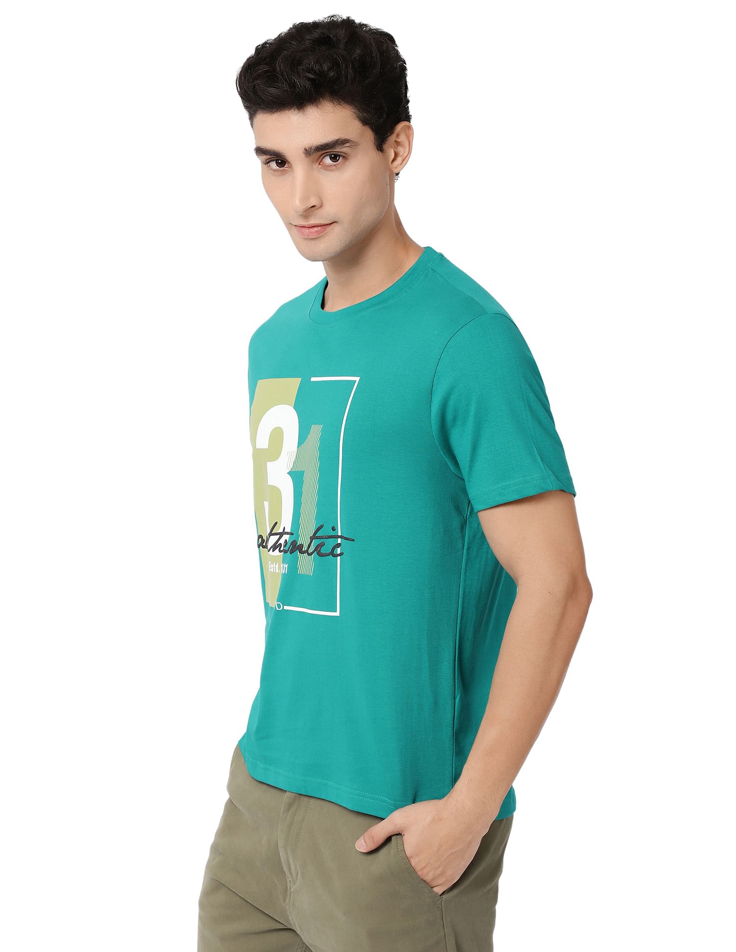 AD by Arvind Crew Neck Typographic Print Cotton T-Shirt
