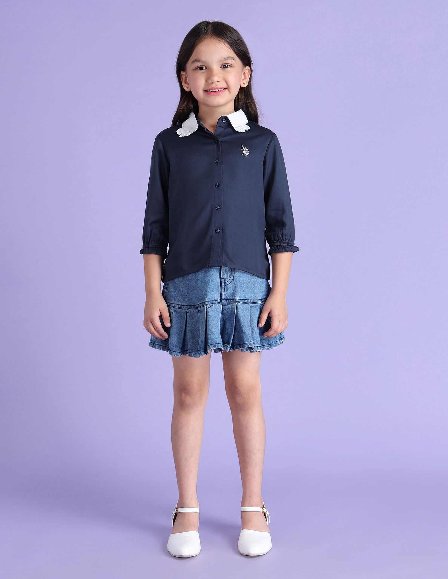 U.S. Polo Assn. Kids Girls Denim Perter Pan Collar Top