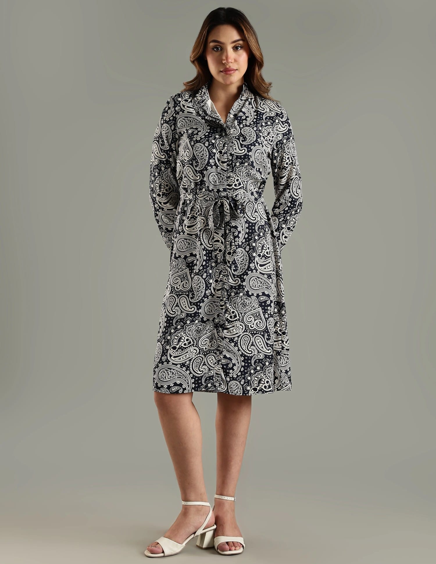 knee length dresses for ladies Black Mandarin Collar Three Quarter Sleeves A Line Knee Length Dress F main image 1