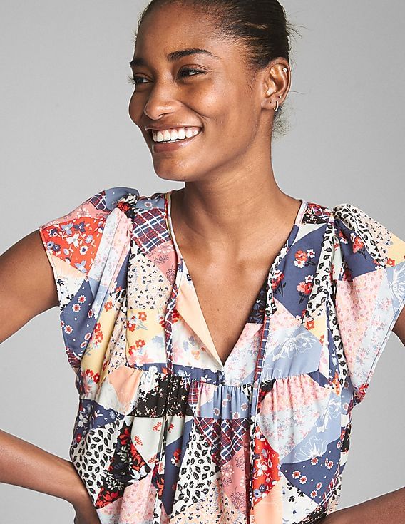 ★TESTMECHANISM★ Heart & Clover Mix Casual Short Sleeve Buy GAP Women Multi Colour Patchwork Short Sleeve Smock Top