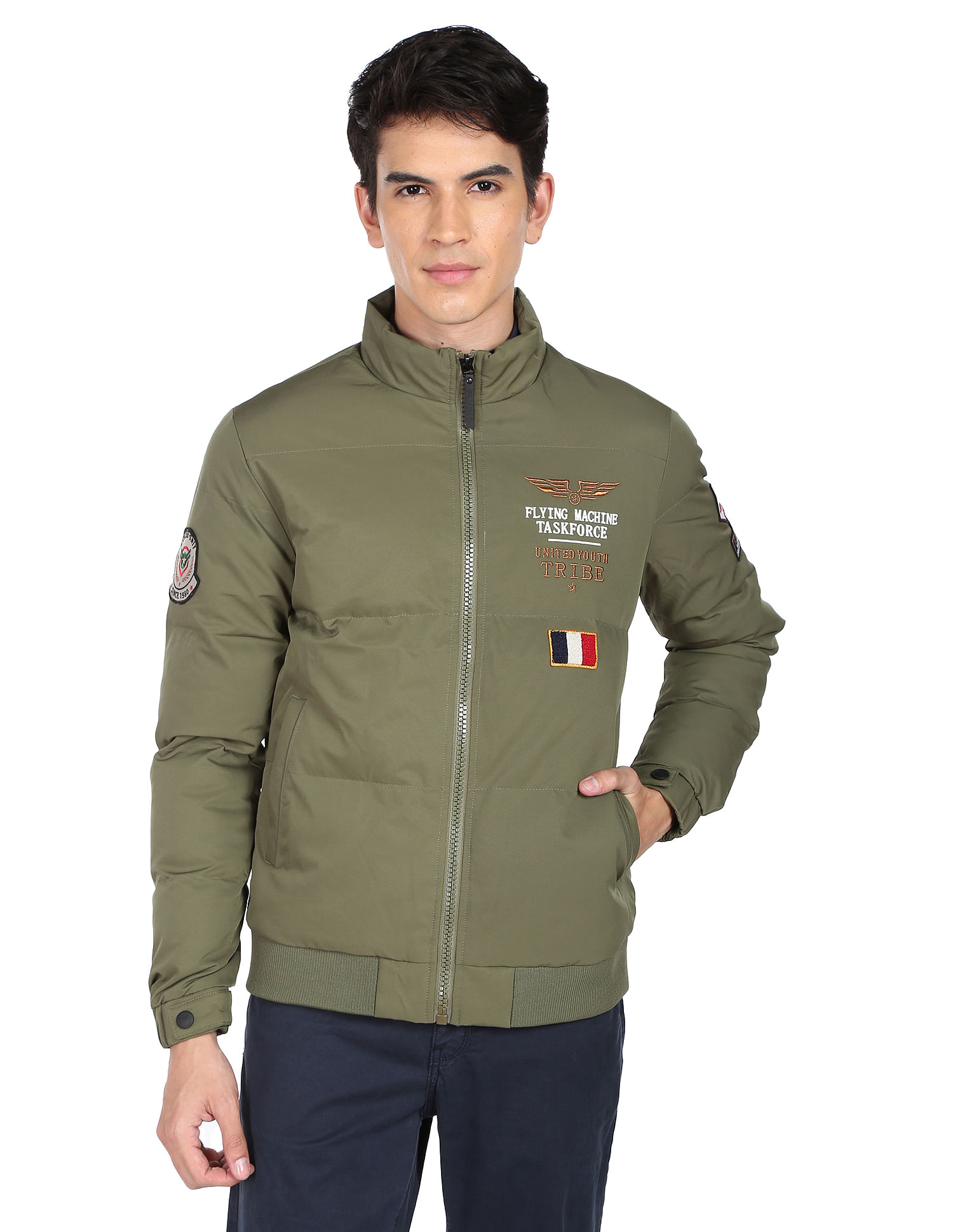 Flying Machine High Neck Appliqued Quilted Jacket