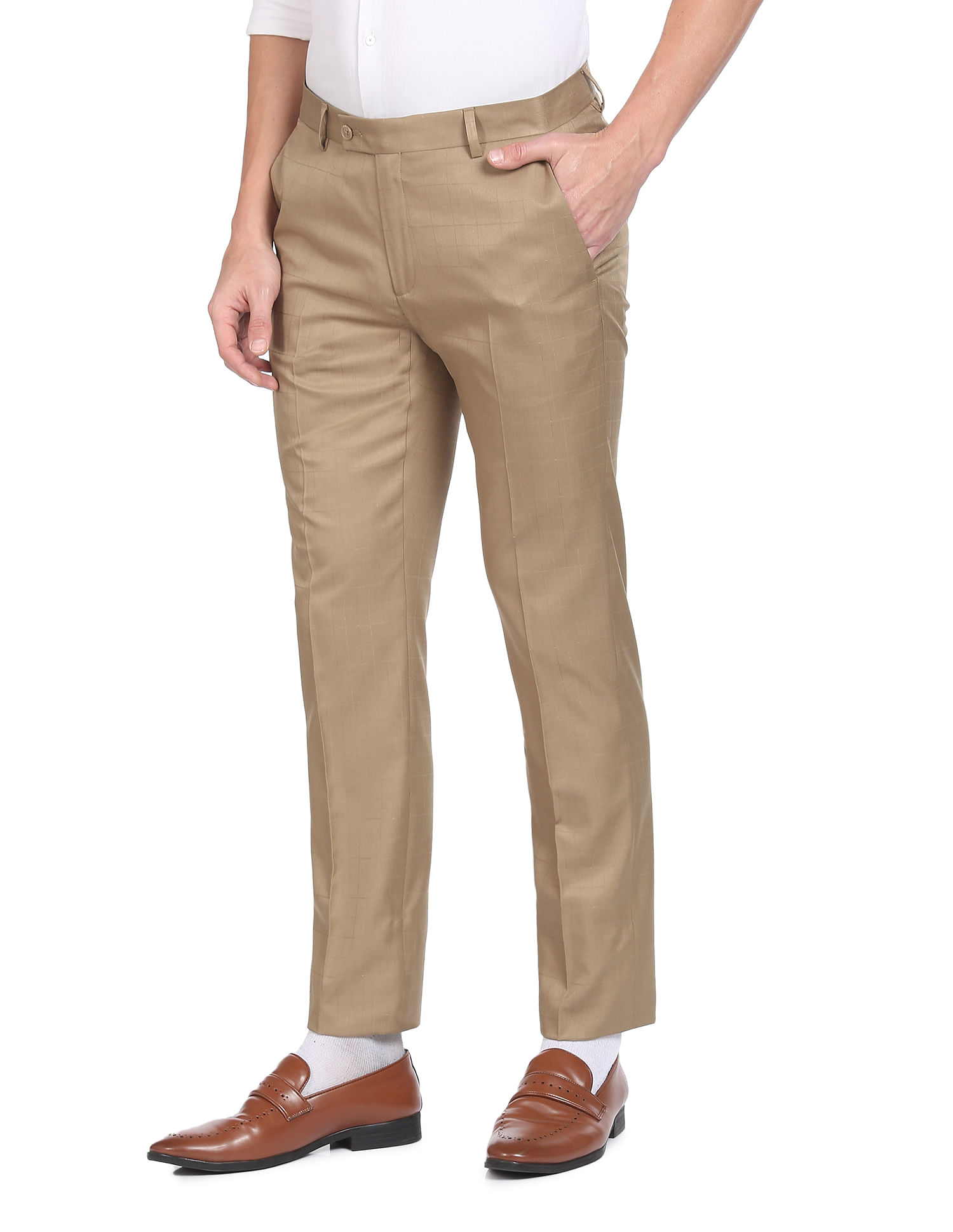 Buy Men Light Grey Plain Check Pants Online In India