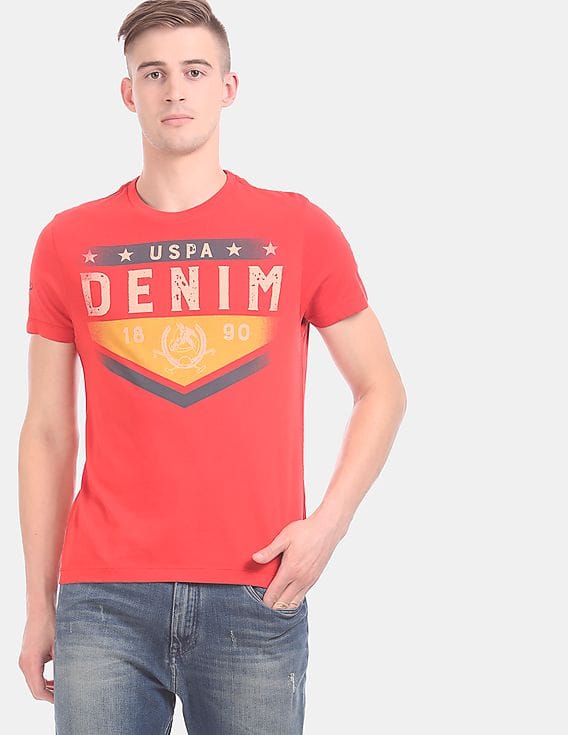 Men Red Brand Print Crew Neck T-Shirt 