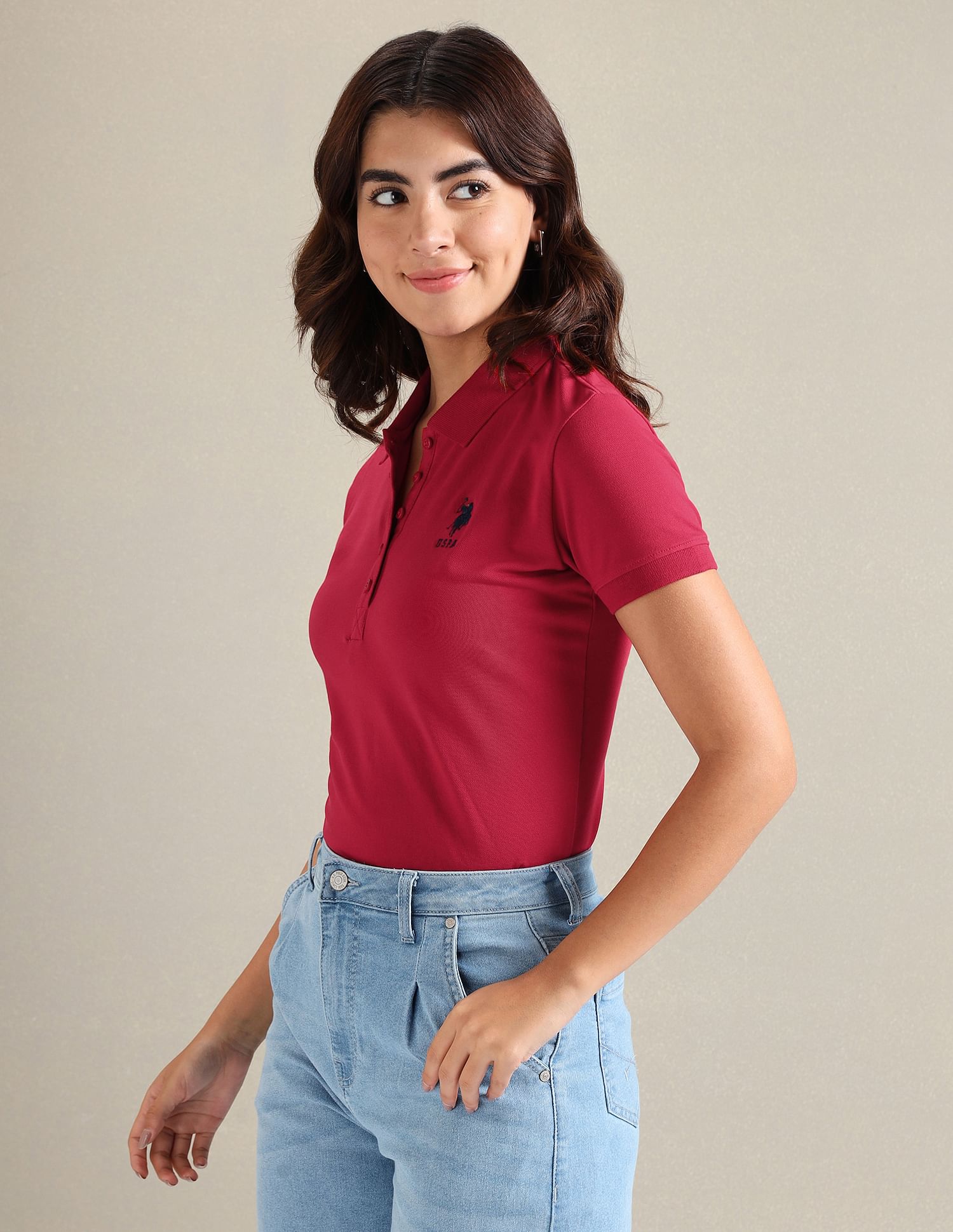 U.S. Polo Assn. Women Ribbed Collar Solid Polo Shirt