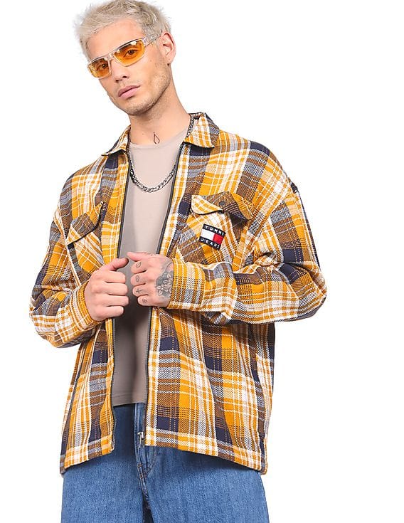 Buy Tommy Hilfiger Men Mustard Spread Collar Zip Up Check Casual