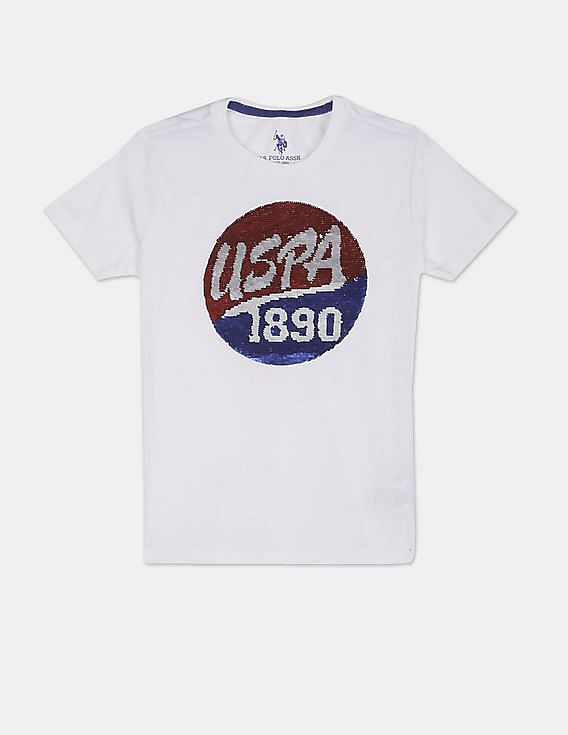 U.S. Polo Assn. Kids Boys White Crew Neck Flippy Sequin Logo T-Shirt