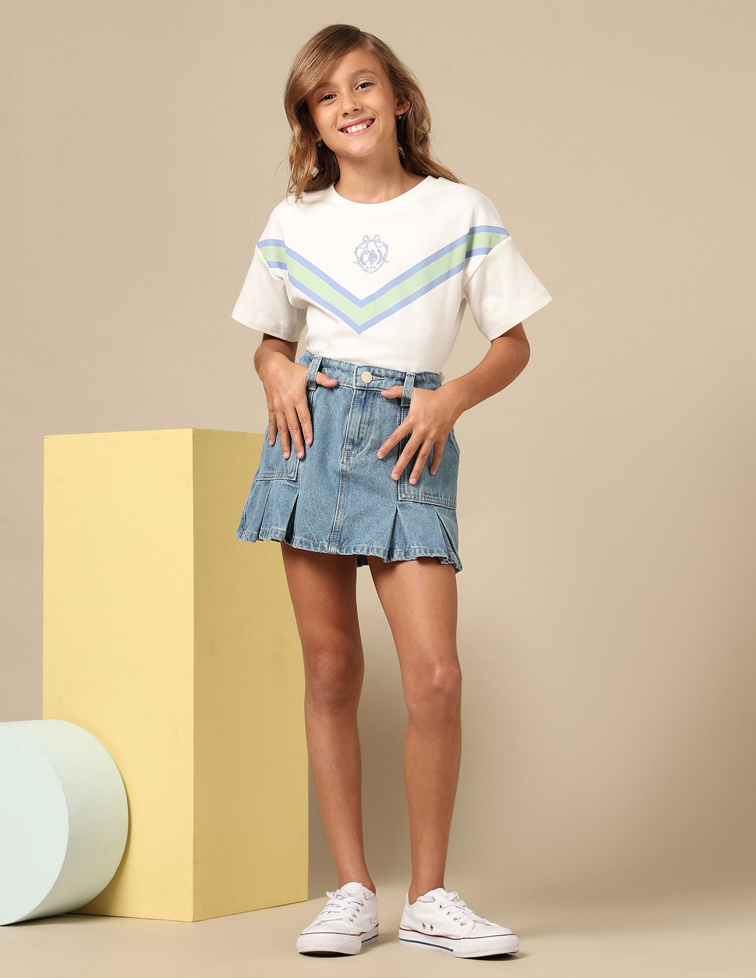 U.S. Polo Assn. Kids Girls Denim Pleated Skorts