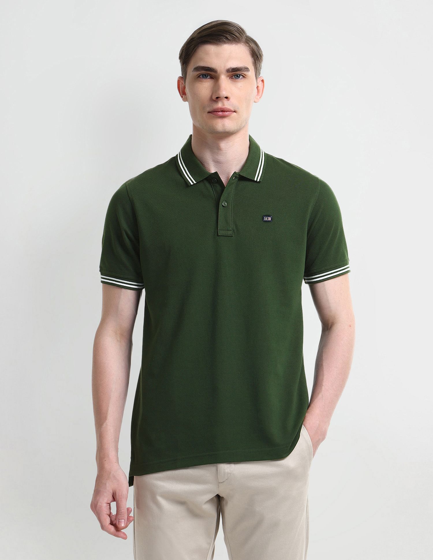 Arrow Sport Striped Collar Solid Polo Shirt