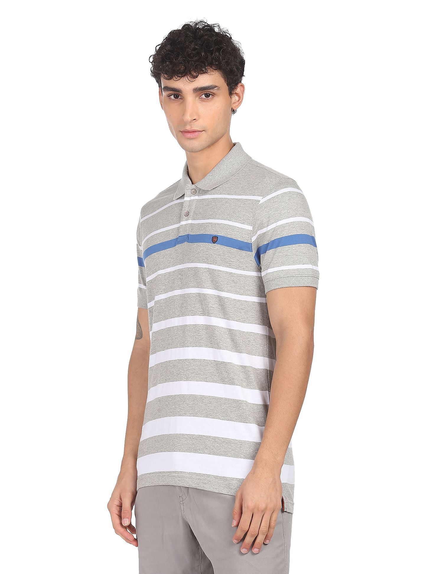 AD by Arvind Cotton Horizontal Striped Polo Shirt