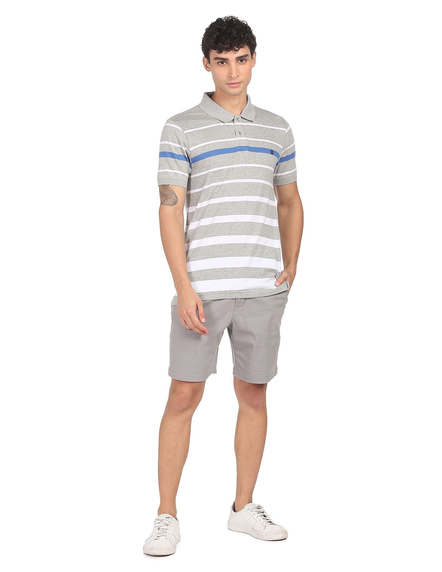 AD by Arvind Cotton Horizontal Striped Polo Shirt