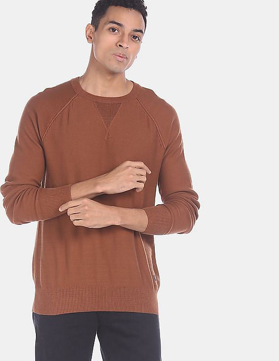 GAP Men Brown Ribbed Crew Neck Solid Sweater