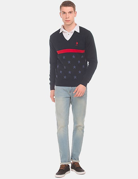 U.S. Polo Assn. Star Pattern V- Neck Sweater