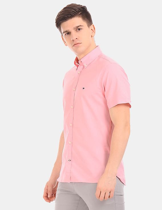 Buy Tommy Hilfiger Men Pink Short Sleeve Slim Fit Soft Poplin