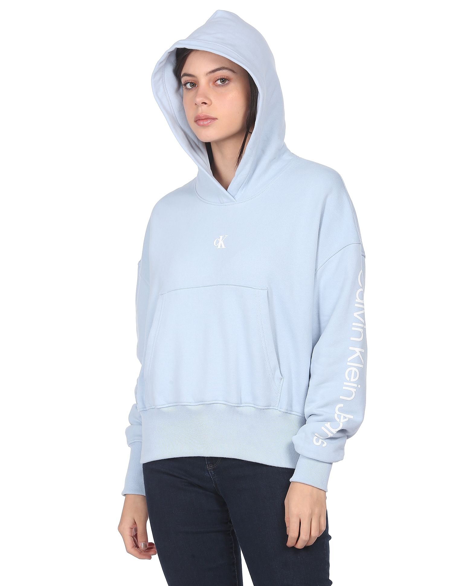 Calvin Klein Jeans Women Light Blue Brand Print Hooded Sweatshirt