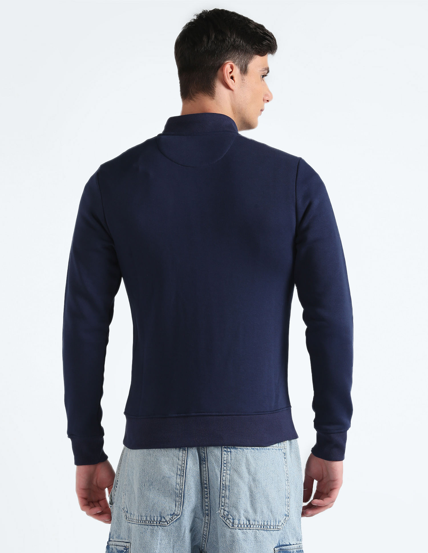 Flying Machine Stand Neck Solid Sweatshirt
