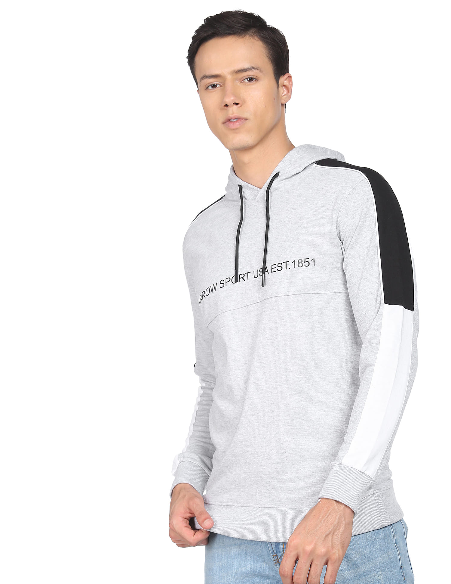 Buy Arrow Sports Men Grey Hooded Panelled Brand Print Heathered Sweatshirt  - NNNOW.com