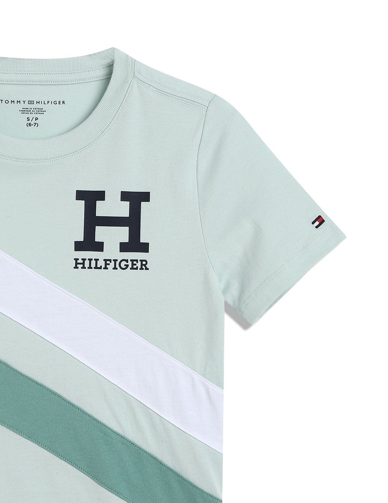Tommy Hilfiger Boys Green Diagonal Striped T-Shirt