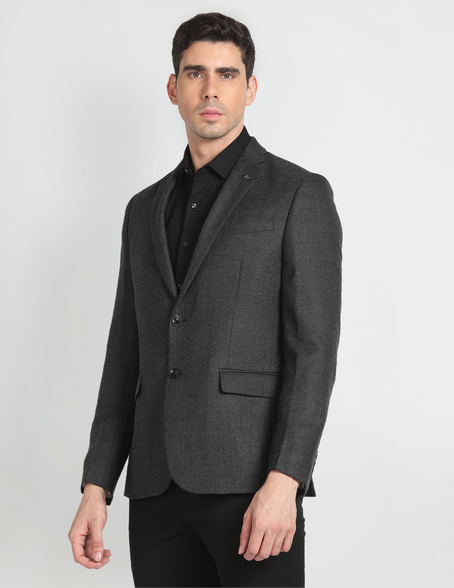 Arrow Notch Lapel Collar Patterned Knit Blazer