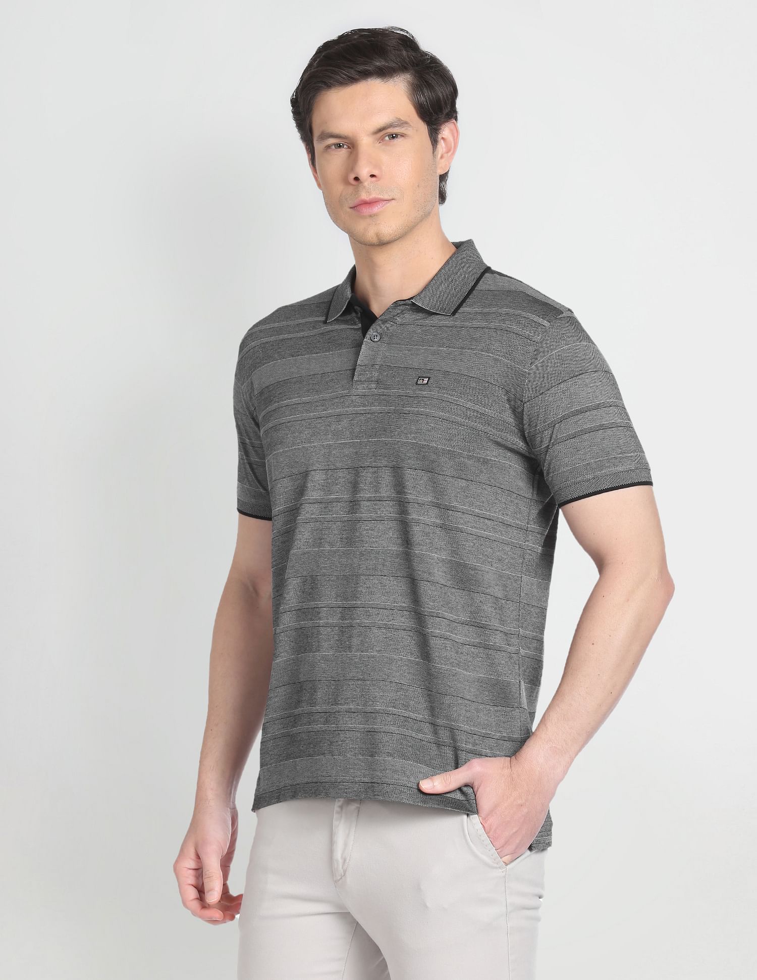 Arrow Sports Ribbed Collar Horizontal Stripe Polo Shirt