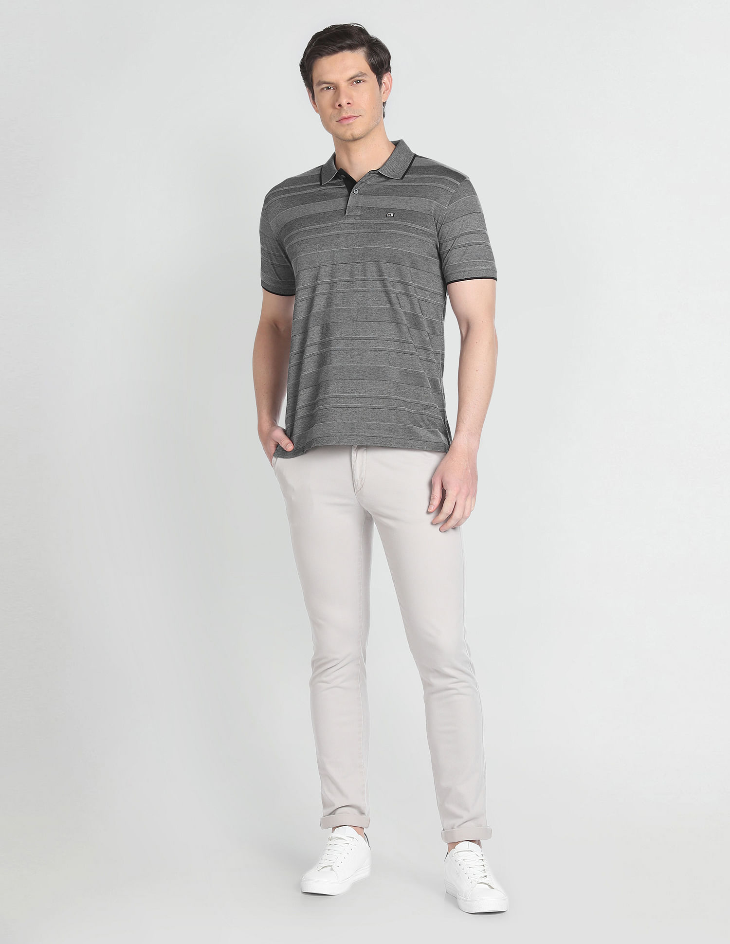 Arrow Sports Ribbed Collar Horizontal Stripe Polo Shirt