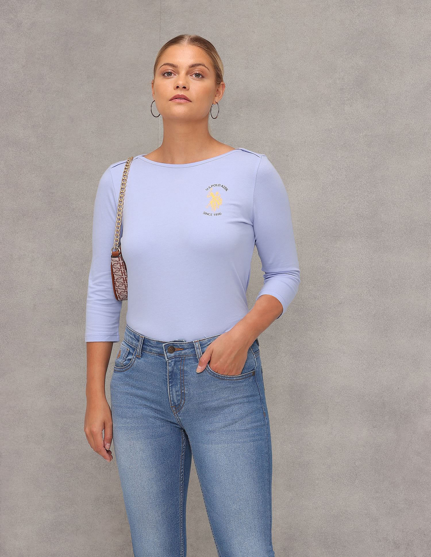 U.S. Polo Assn. Women Boat Neck Solid Knit T-Shirt