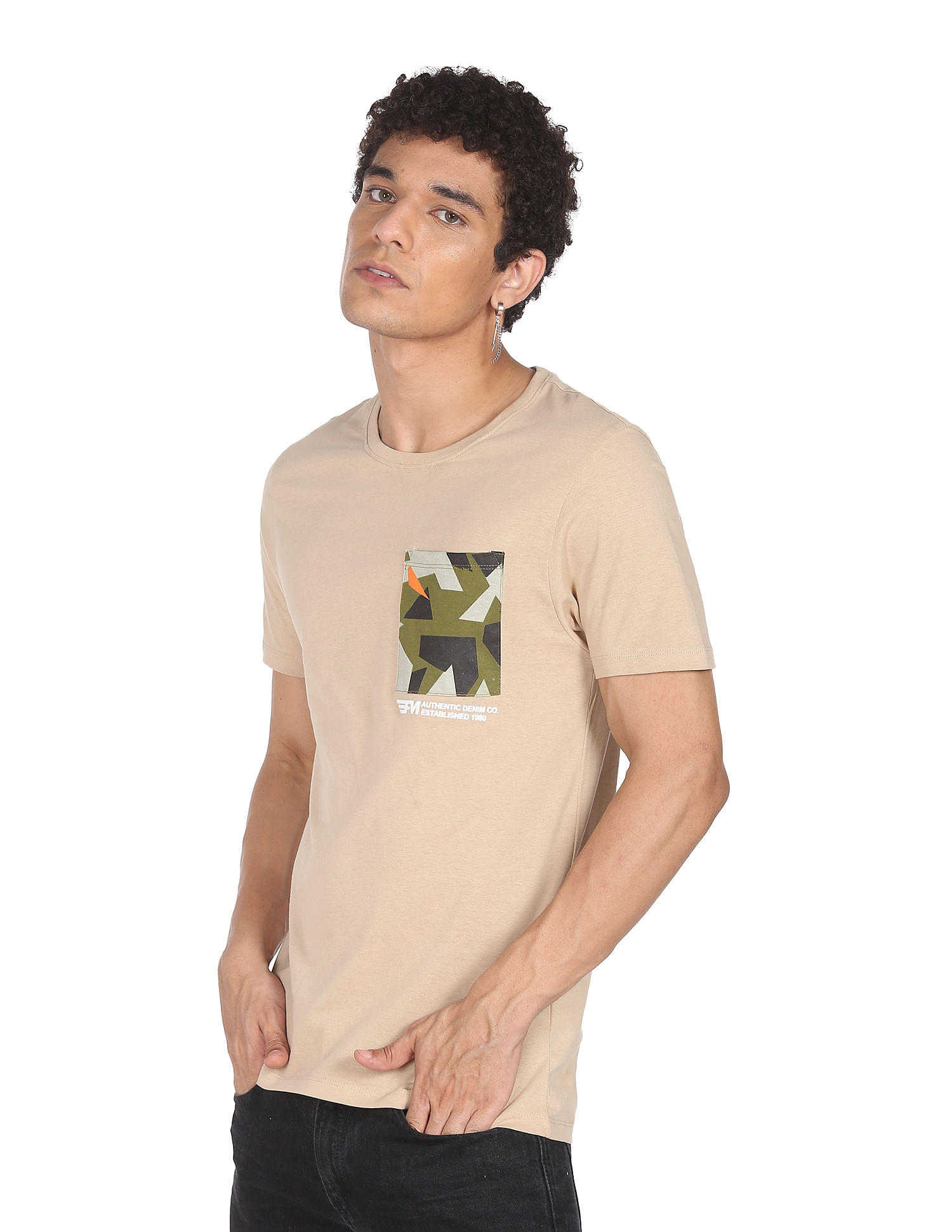 Flying Machine Patch Pocket Solid Cotton T-Shirt