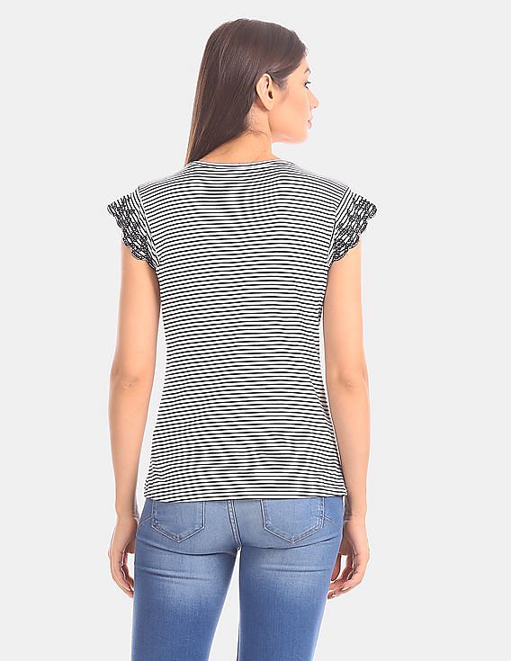 U.S. Polo Assn. Women White Cap Sleeve Striped Top