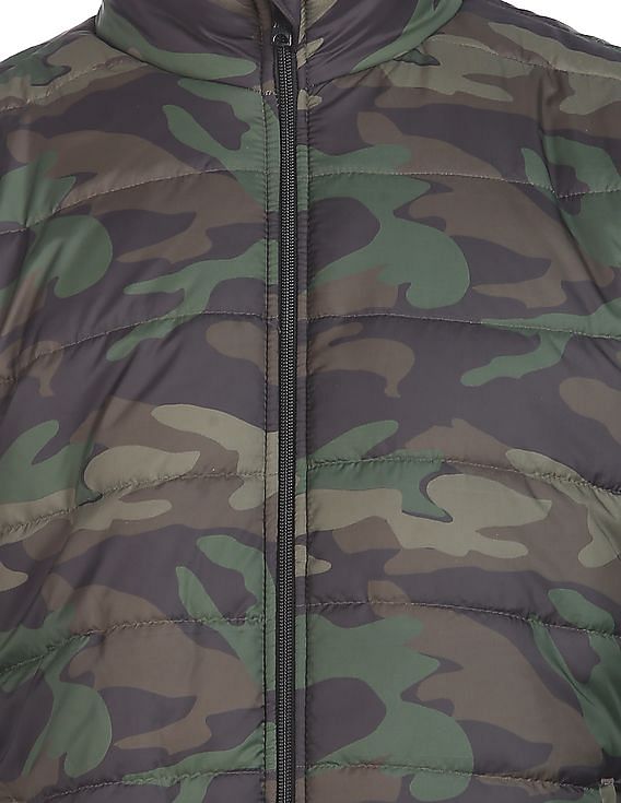 Aeropostale Men Olive High Neck Camouflage Print Puffer Jacket