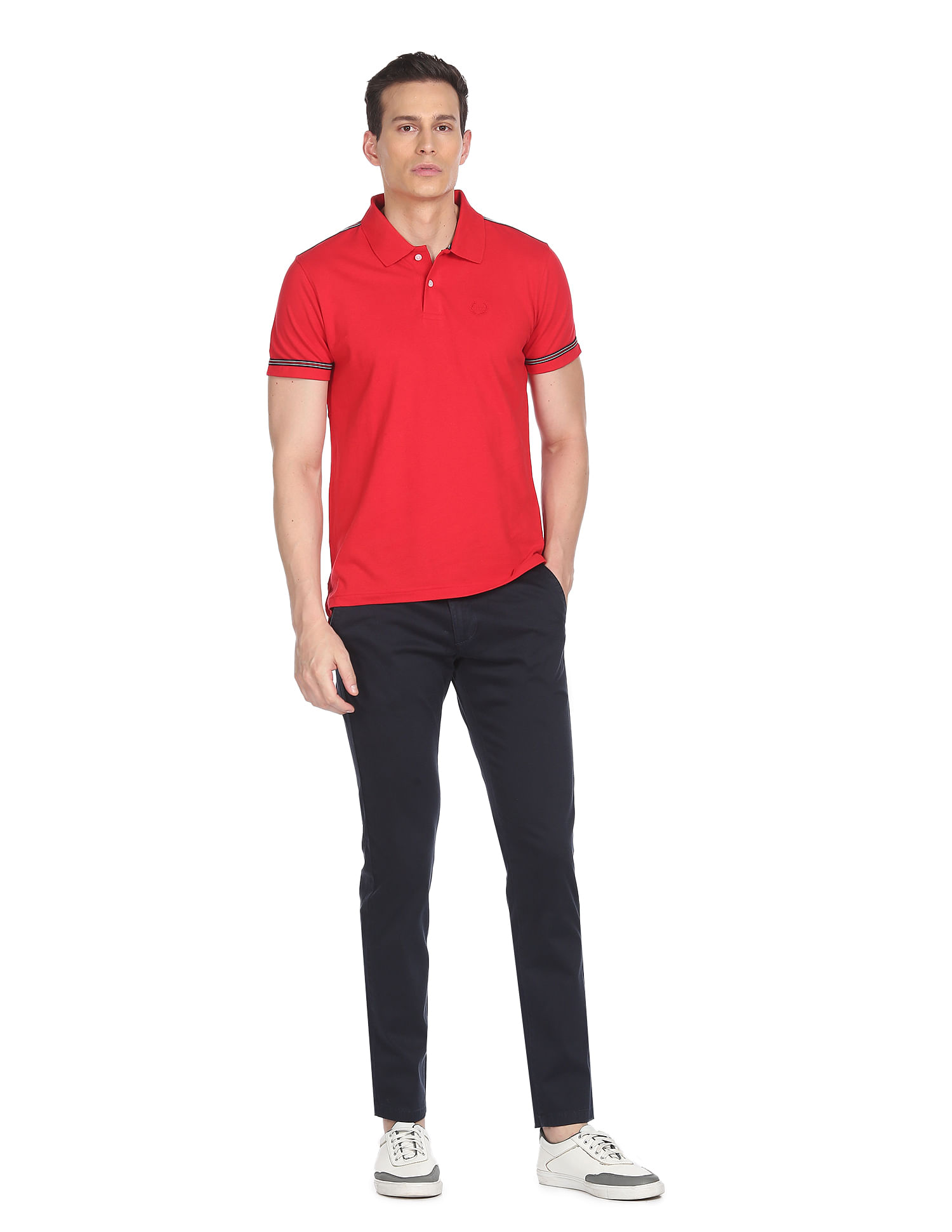 red polo shirt outfit for men
