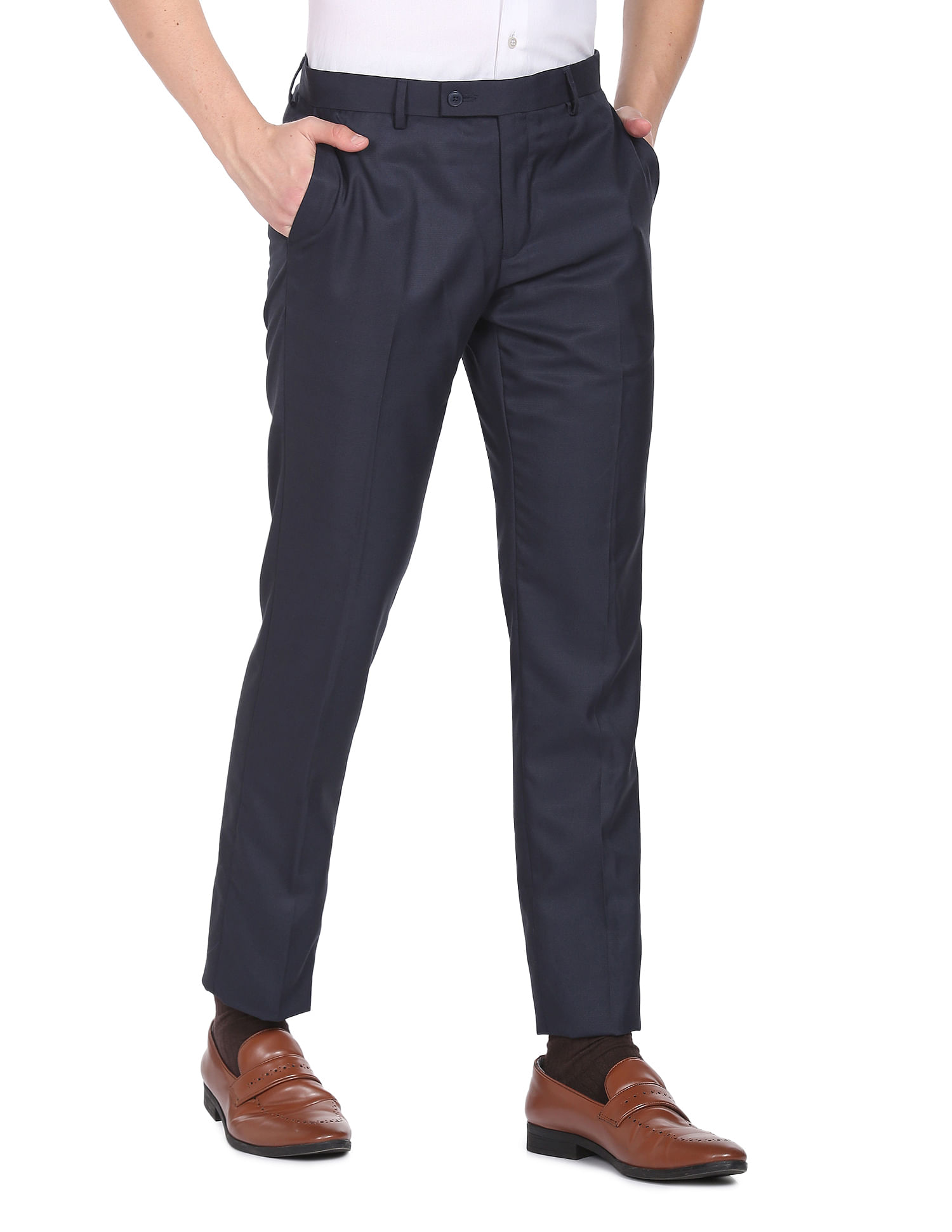 Men's Formal Trouser Slim Fit Plain Front Cross Pocket Color: 916(4. NAVY  BLUE) - FIT ELEGANCE