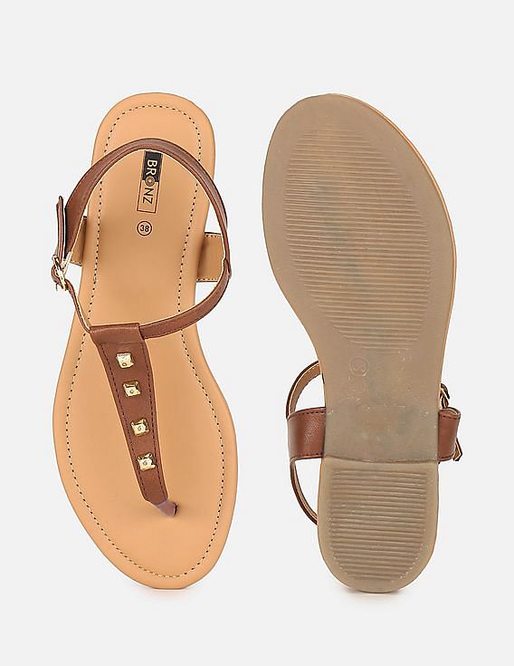 Buy Bronz Women Brown Embellished T-Strap Sandals - NNNOW.com