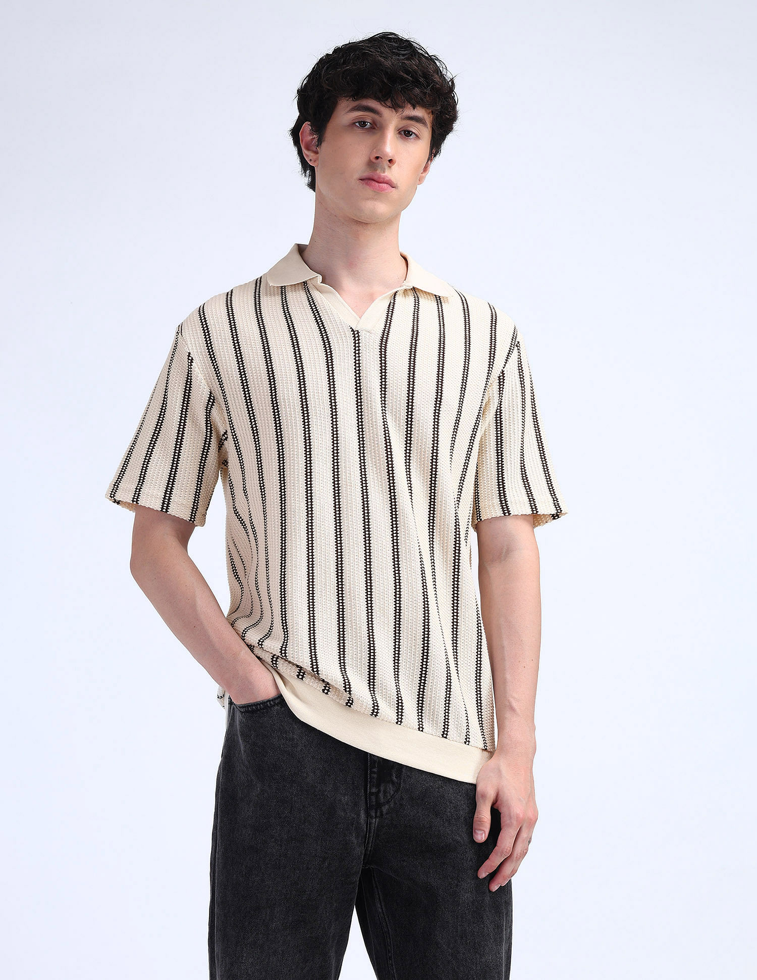 Flying Machine Vertical Striped Relaxed Polo Shirt